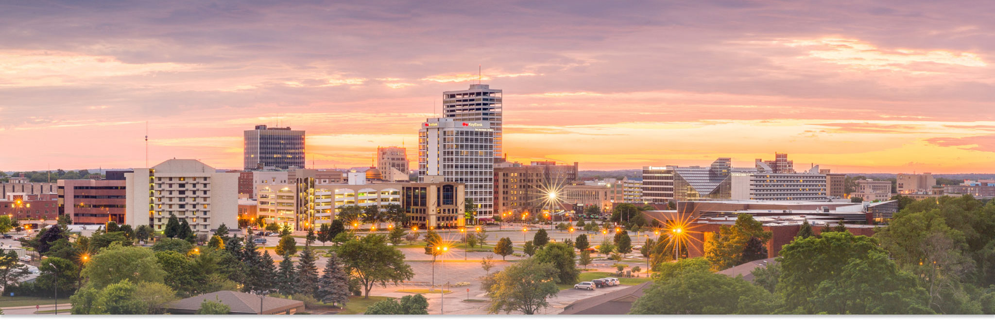 Panorama landscape photo of downtown South Bend at sunset