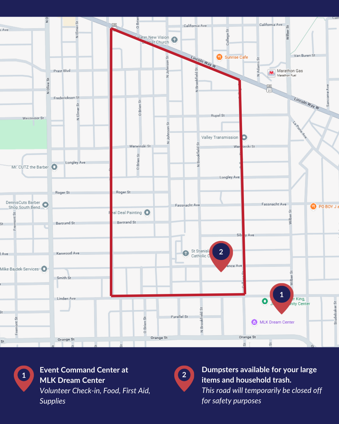 Map of council district 2 with red lines noting the event clean-up boundaries, as well as dots noting where the event command center is located and dumpsters available for the neighborhood